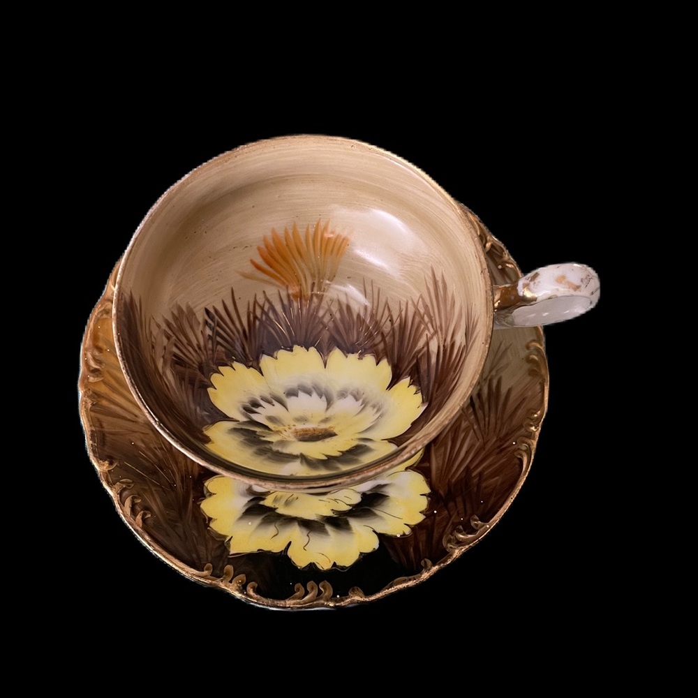 Saji Wild Cactus Yellow Flower Brown Tea Cup Saucer Made in Japan Hand Painted